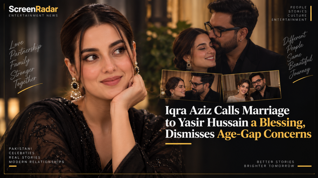 Iqra Aziz and Yasir Hussain featured in ShowZuno editorial artwork about their marriage