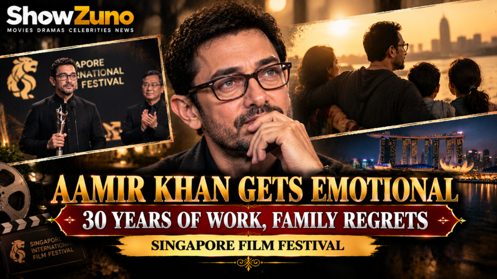 ShowZuno entertainment news poster featuring Aamir Khan reflecting on lost family time during his 30-year film career at the Singapore International Film Festival