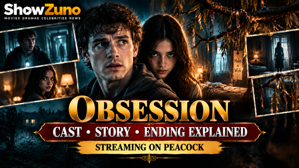 ShowZuno cinematic poster for Obsession 2026 featuring the supernatural horror story, cast and Peacock streaming information