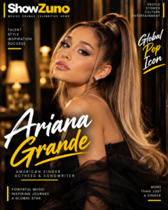 AI-generated portrayal of Ariana Grande with a high ponytail and black off-shoulder gown on a black-and-gold ShowZuno magazine cover