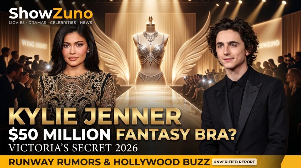 ShowZuno Hollywood fashion news banner about Kylie Jenner and the unverified $50 million Victoria's Secret Fantasy Bra claim