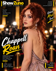 AI-generated portrayal of Chappell Roan with red curly hair wearing an embellished backless gown on a ShowZuno magazine cover