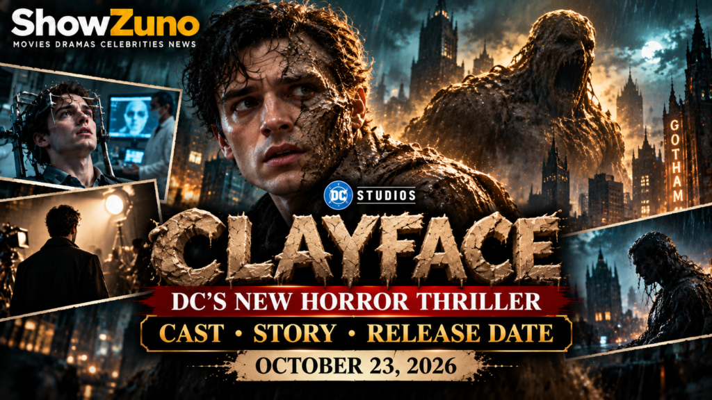 ShowZuno cinematic illustration of Matt Hagen transforming into Clayface with Gotham City in the background