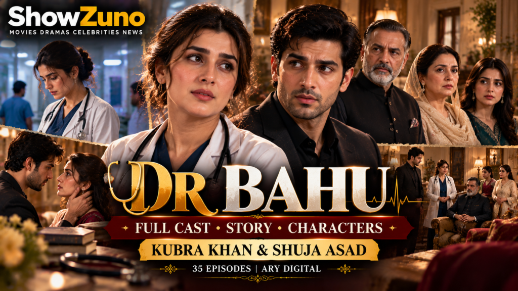 ShowZuno Dr Bahu editorial banner featuring Kubra Khan and Shuja Asad with family drama characters