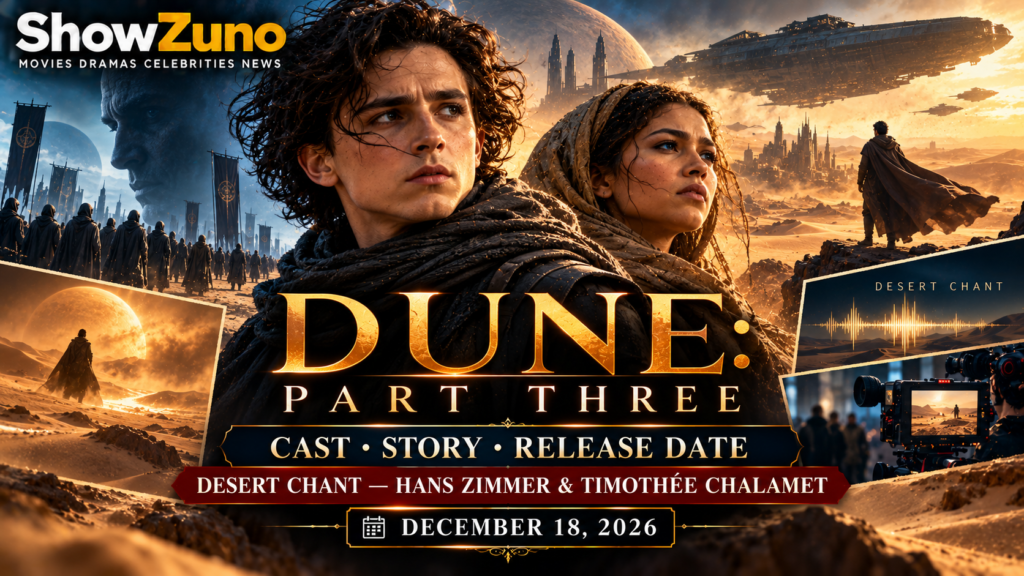 ShowZuno editorial artwork depicting Paul Atreides, Chani and the desert world of Dune Part Three