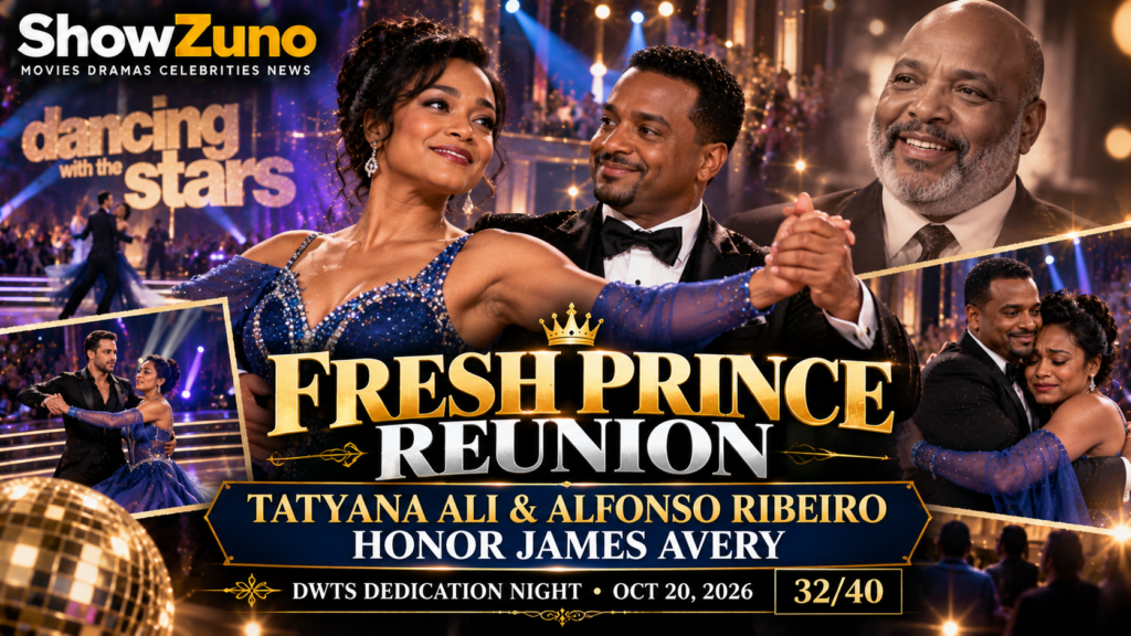 ShowZuno editorial artwork of Tatyana Ali and Alfonso Ribeiro honoring James Avery on Dancing With the Stars