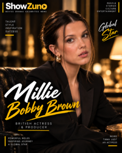 ShowZuno editorial portrait artwork of Millie Bobby Brown, British actress known for Stranger Things and Enola Holmes