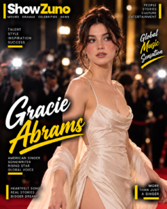 AI-generated portrayal of Gracie Abrams wearing an ivory satin gown on a ShowZuno red-carpet magazine cover