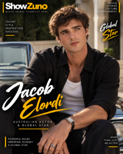 ShowZuno editorial portrait artwork of Jacob Elordi, Australian actor known for Euphoria, Saltburn and Frankenstein