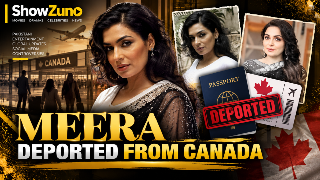 Pakistani actress Meera with Canadian border imagery and a headline about her reported entry refusal.