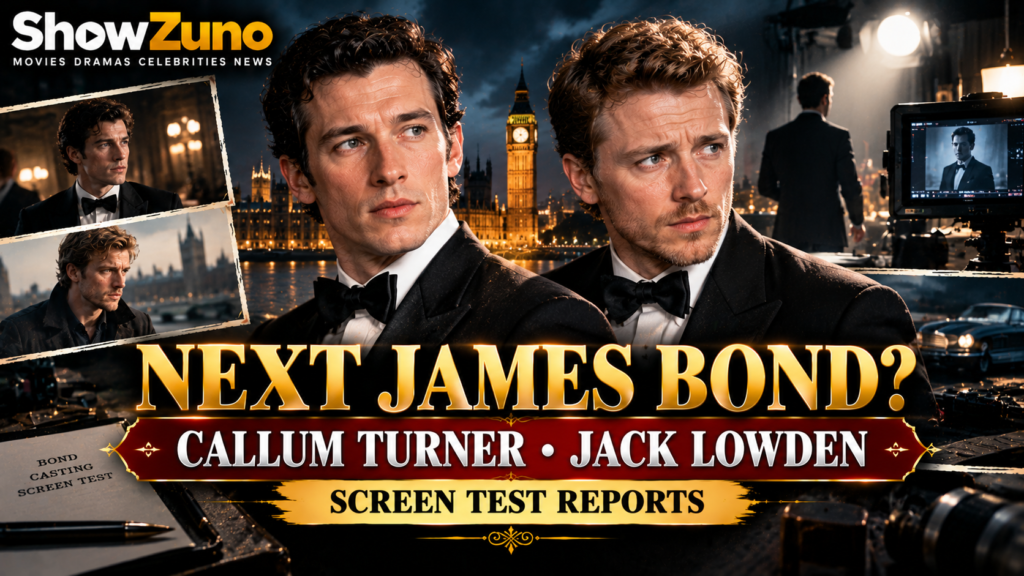 ShowZuno cinematic poster about reported James Bond screen tests featuring Callum Turner and Jack Lowden