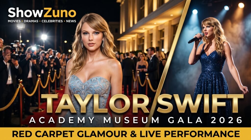 Taylor Swift Academy Museum Gala 2026 ShowZuno entertainment news banner highlighting red carpet glamour and live performance