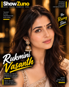 AI-generated close-up editorial portrait of Rukmini Vasanth in traditional Indian attire for ShowZuno