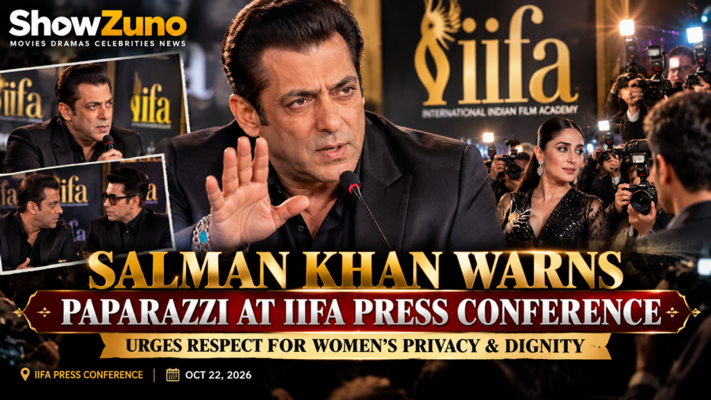 Salman Khan gestures toward photographers at an IIFA press conference in a ShowZuno entertainment news poster about celebrity privacy