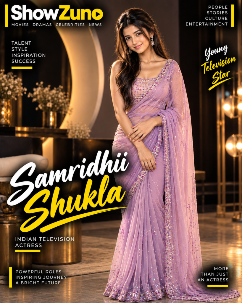 Samridhii Shukla in a lavender saree on a ShowZuno celebrity poster