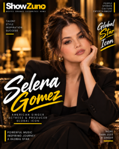 AI-generated portrayal of Selena Gomez in a black blazer, seated with one hand resting against her face, on a black-and-gold ShowZuno magazine cover