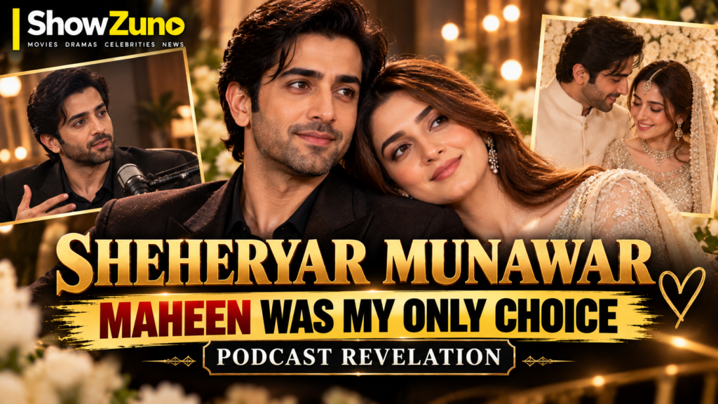 AI-illustrated ShowZuno banner of Sheheryar Munawar and Maheen Siddiqui with podcast and wedding imagery