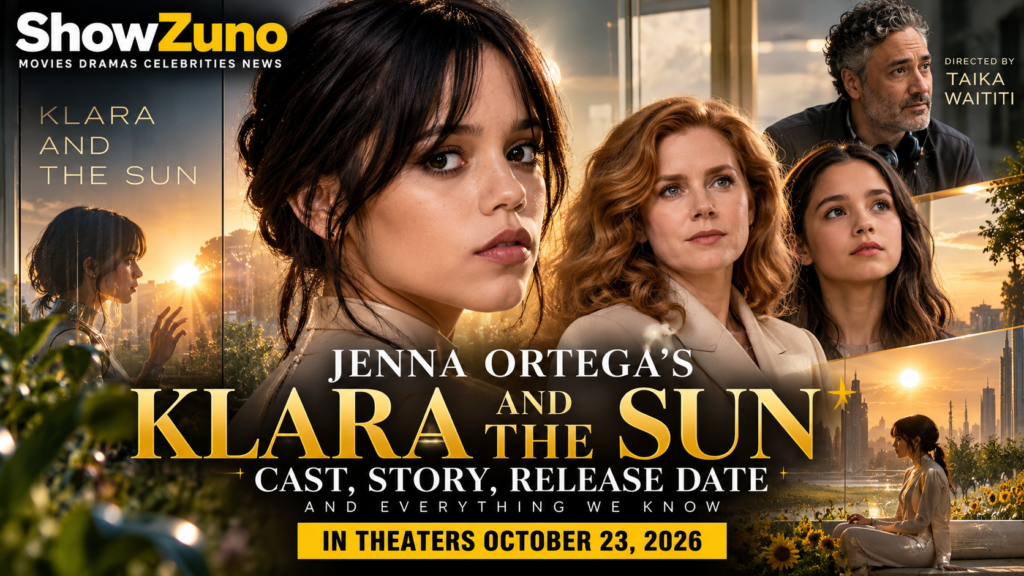 Jenna Ortega in a ShowZuno editorial banner for Klara and the Sun 2026, directed by Taika Waititi