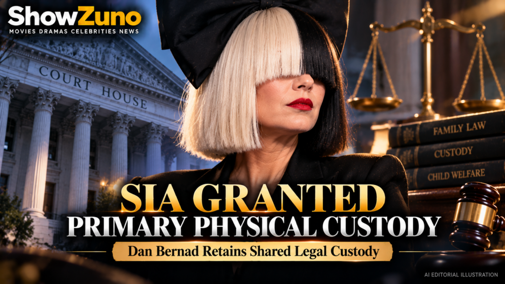 ShowZuno editorial illustration of singer Sia and Dan Bernad custody settlement news