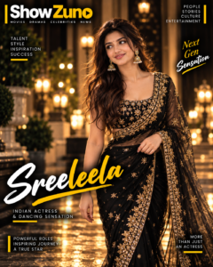 Sreeleela actress smiling in a black and gold saree on a ShowZuno celebrity poster
