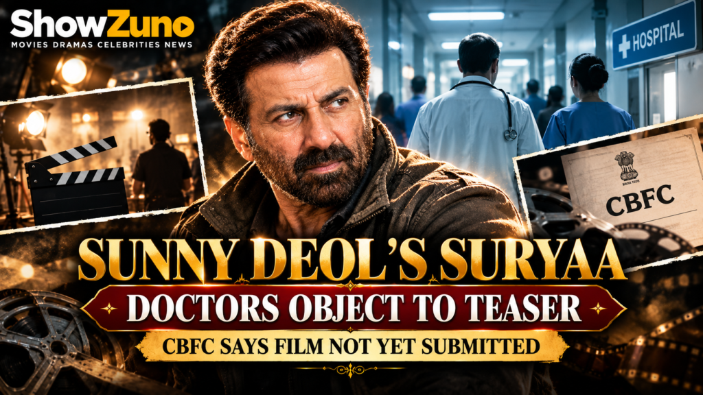 ShowZuno editorial illustration about Sunny Deol’s Suryaa controversy, IMA objections to the teaser and the CBFC certification status