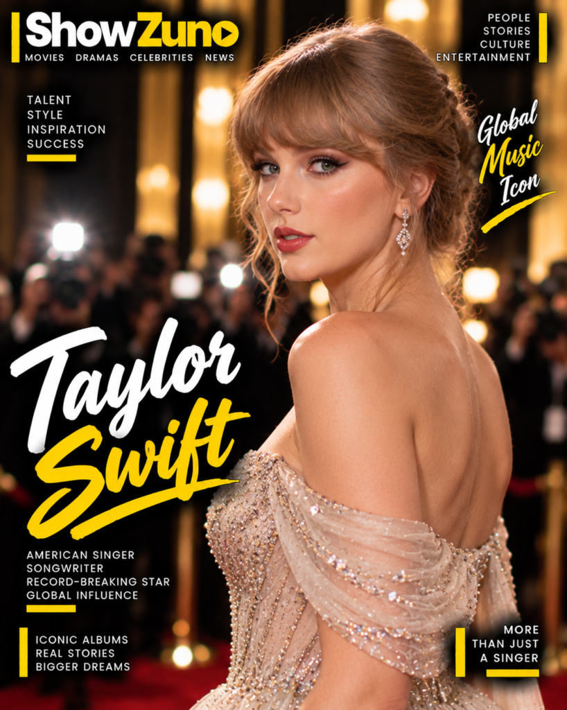 AI-generated portrayal of Taylor Swift in an embellished off-shoulder gown on a ShowZuno celebrity magazine cover