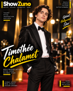 Timothée Chalamet in a black tuxedo on a ShowZuno Hollywood magazine-style poster