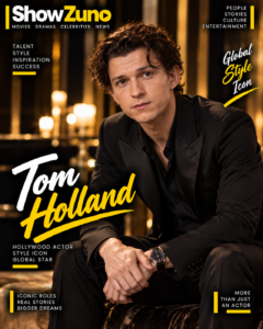 Tom Holland wearing a black tailored suit on a ShowZuno celebrity magazine cover