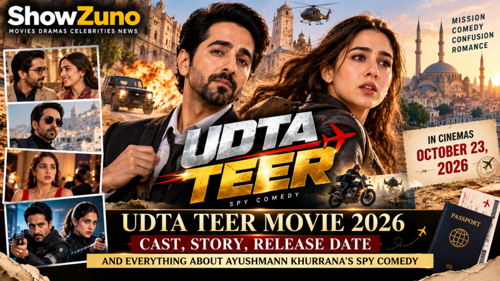 ShowZuno concept banner featuring Ayushmann Khurrana and Sara Ali Khan for Udta Teer movie 2026