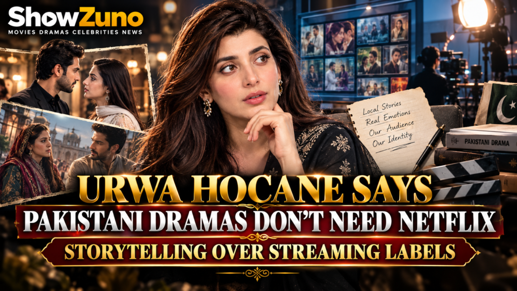 ShowZuno entertainment news poster about Urwa Hocane’s comments that Pakistani dramas do not need Netflix comparisons