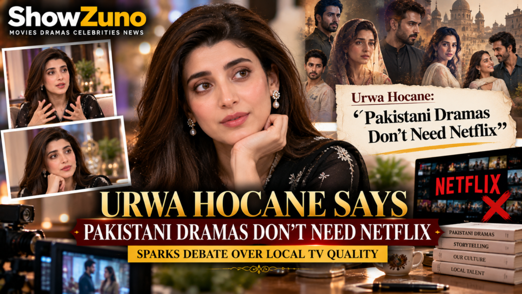 ShowZuno editorial artwork of Urwa Hocane discussing Pakistani dramas and Netflix comparisons