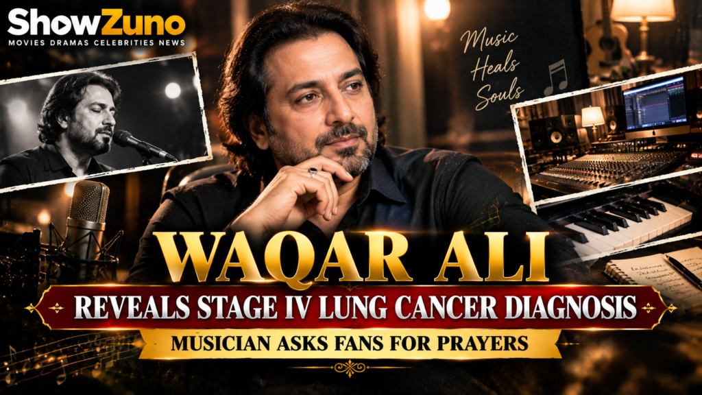ShowZuno cinematic editorial poster about Pakistani musician Waqar Ali revealing his Stage IV lung cancer diagnosis and asking fans for prayers
