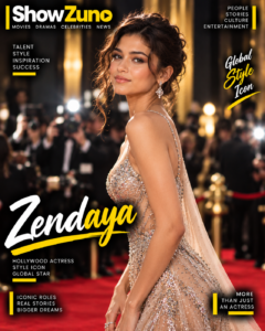 Zendaya wearing an elegant champagne gown on a ShowZuno Hollywood celebrity magazine cover
