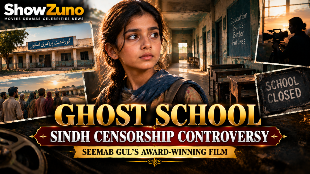 ShowZuno cinematic poster for Ghost School featuring a young girl, a rural school and the Sindh censorship controversy surrounding Seemab Gul’s film